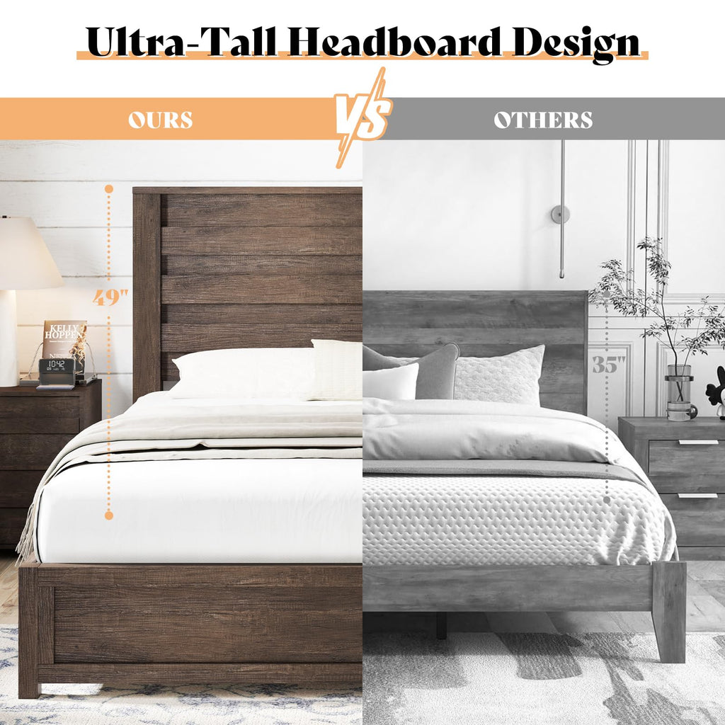 Farmhouse Bed Frame with 49" Fluted Headboard
