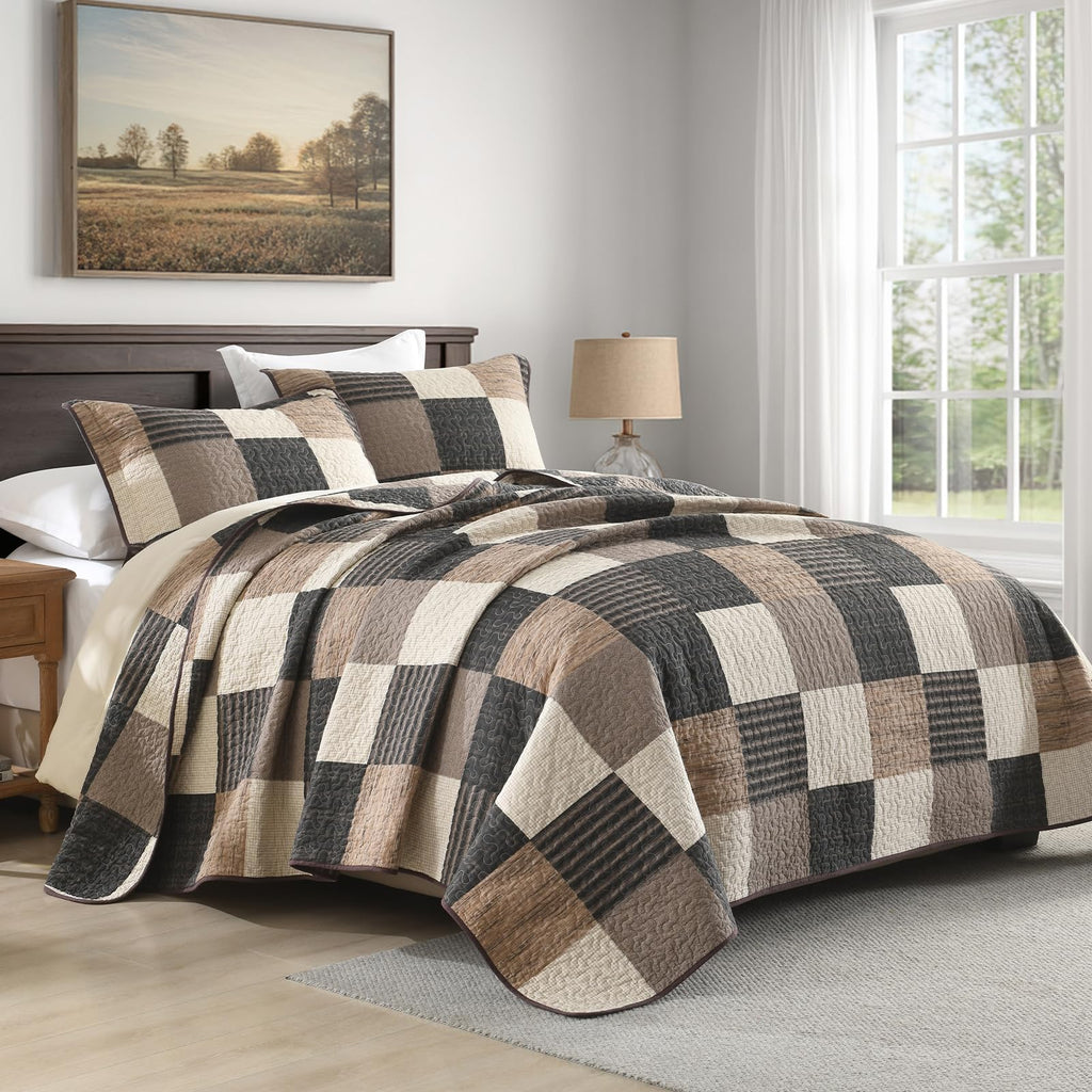 100% Cotton Quilt Set, Farmhouse Plaid Rustic Bedspread