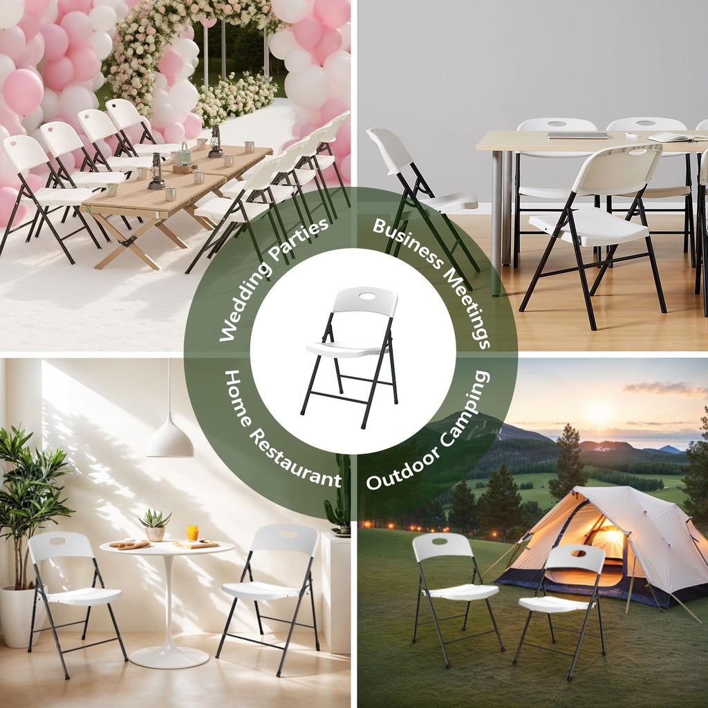 White Folding Chairs 6 Pack, Outdoor Portable Plastic Foldable Chairs with Metal Frame, 350lbs Capacity Heavy Duty