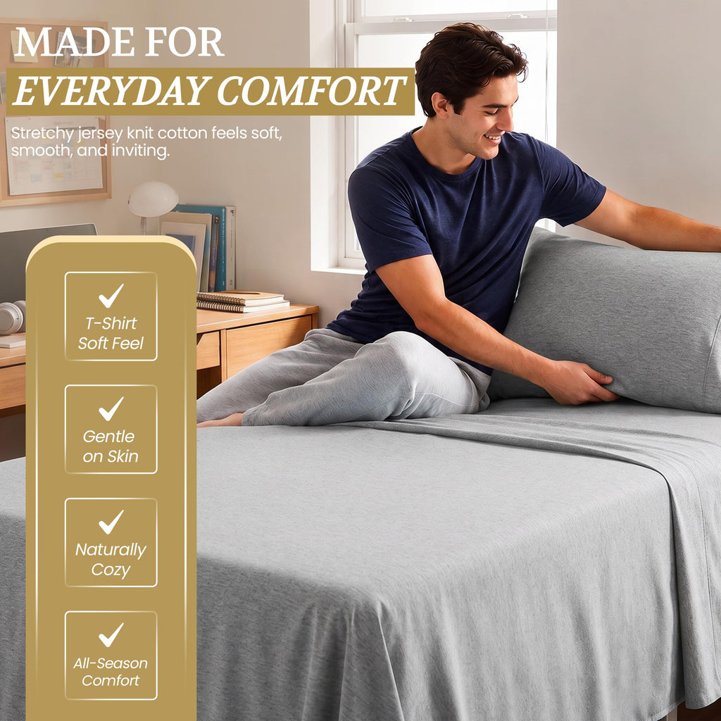 Cotton Knit Jersey Sheet Set, 15" Deep Pocket, Light Heather Grey