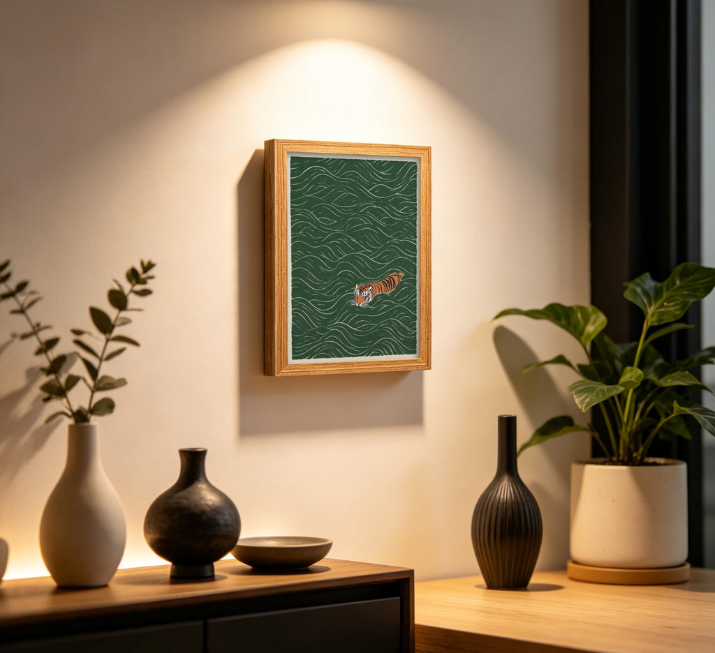 Framed Swimming Tiger Canvas Wall Art, Abstract Green Wave Print, Minimalist Vintage Wildlife Painting Living Room