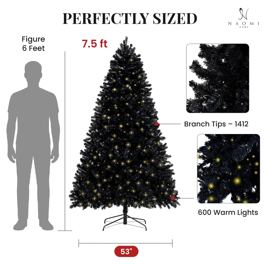 Dakota 7.5 ft Black Pre-Lit Christmas Tree, 600 Warm Lights