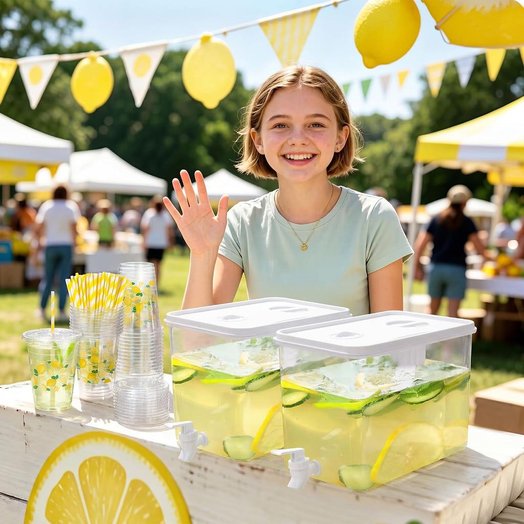 2.3 Gallon Lemonade Dispenser, Plastic Drink Dispenser with Spigot 50 Disposable 12 OZ Lemon Plastic Cups - Set of 2