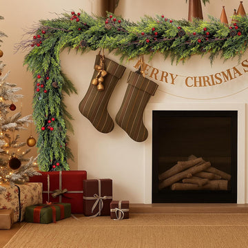 Faux Cedar Christmas Garland with Red Berries & Pine Cones - Full Faux Winter Greenery for Holiday Mantel, Staircase