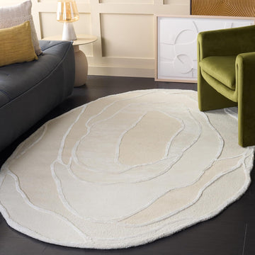 Oval Rug - Fifth Avenue Collection - Modern Design, Ivory & Beige, Handmade Wool Blend, Ideal, Dining Space