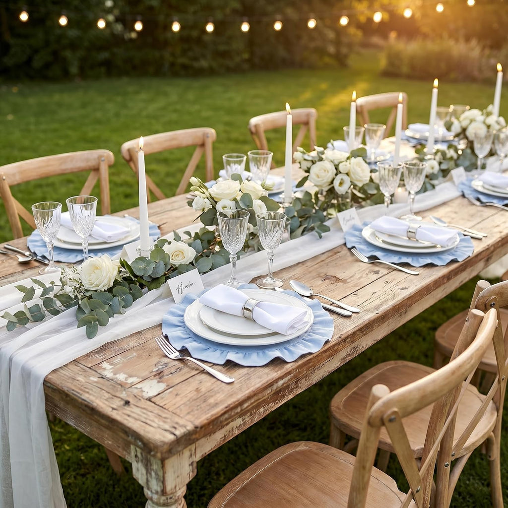 Round Ruffled Linen Blend Placemats, 15 Inch Scalloped Table Mats - Set of 4