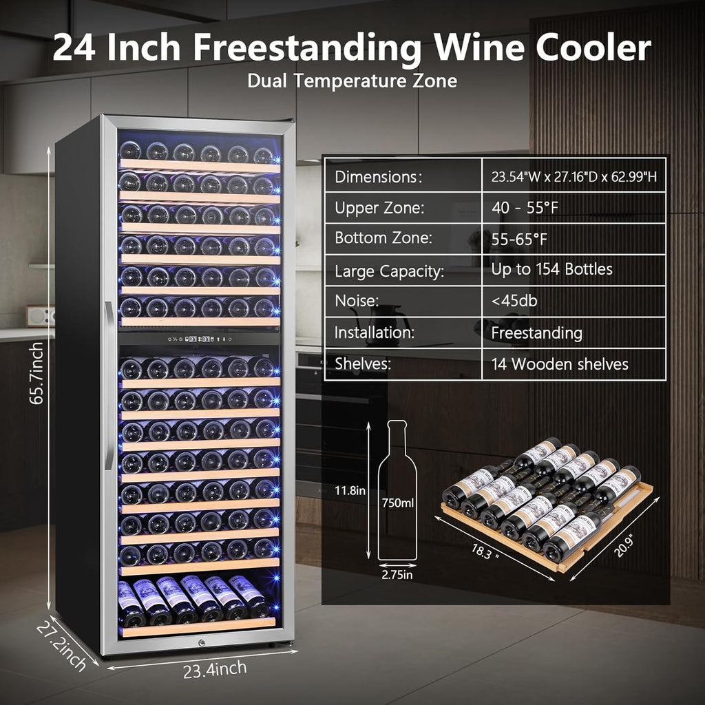 Wine Fridge Freestanding Dual Temperature Zone, Wine Cooler Refrigerator for 154