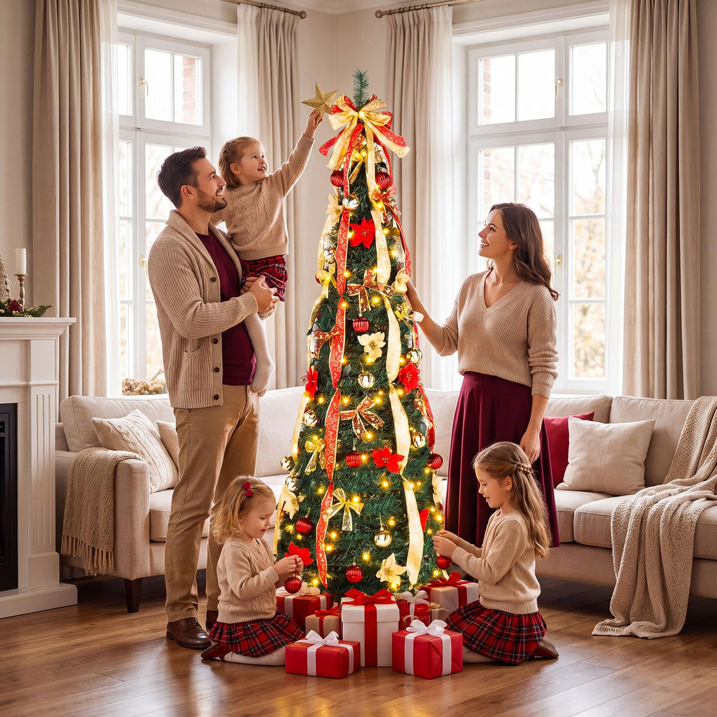 6ft Pre lit Pop Up with Lights, Pre-Decorated Artificial Pencil Xmas Tree Collapsible Holiday Party Decorations