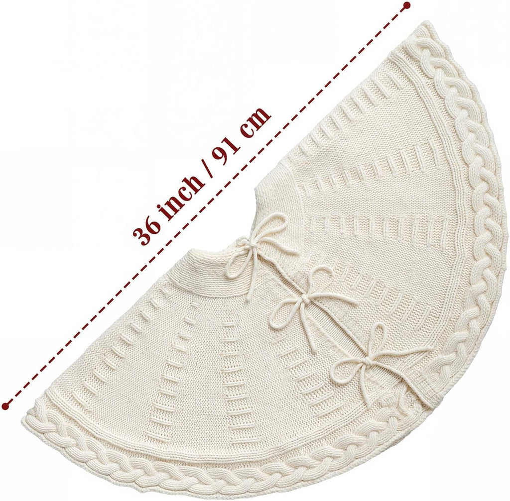36 Inch Christmas Tree Skirt: Pencil Tree Skirt for 6FT Tree, Braided Cable Knit Cream White Small Tree Skirt