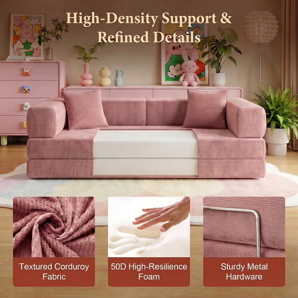 Convertible Futon Sofa Bed | 78.8" Corduroy Boneless Couch with Pull Out Sofa Bed, Comfy Futon Floor Couch with Side
