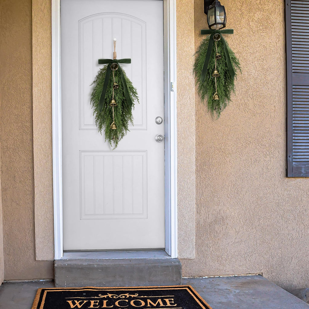 2 Pack Christmas Cedar Teardrop Swag Velvet Bow Bells, Green