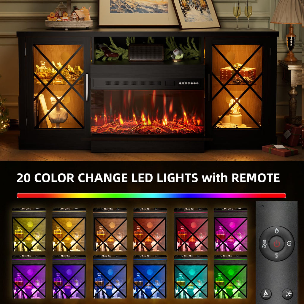 59" Fireplace TV Stand, 3 Sided Glass Fireplace Entertainment Center for TVs up to 70'' w/Storage Cabinet, Glass