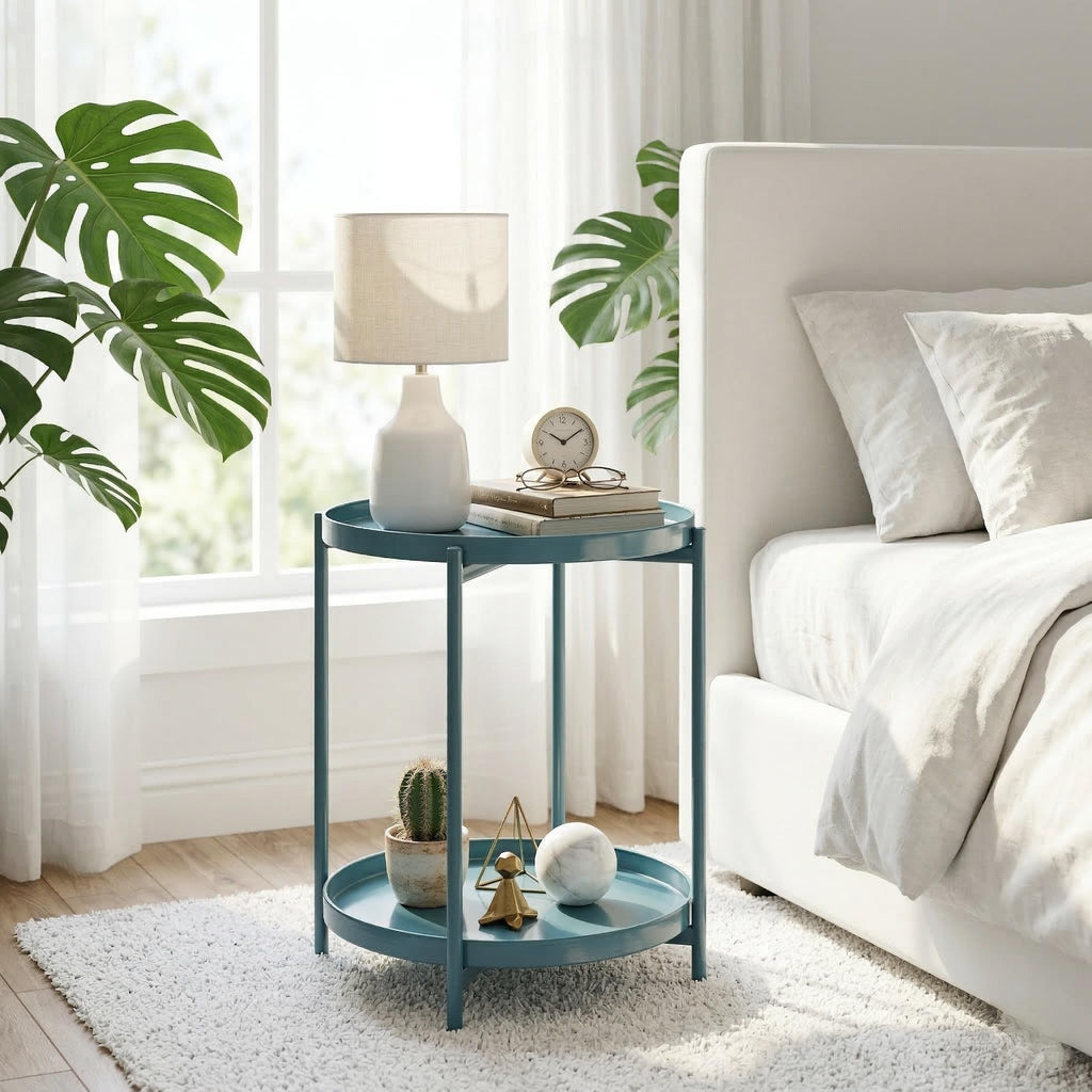 2 Tier Round Side Table, Folding Round Metal End Table Small Nightstand with Two Removable Tray Living Room Bedside