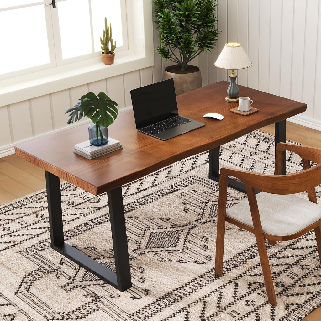 47" Solid Wood Live Edge Computer Desk - Rustic Vintage Industrial Brown Work Desk, Modern Minimalist Home Office