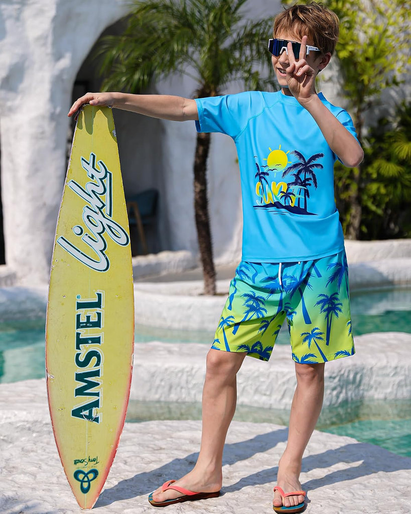 Boys Two Piece Rash Guard Swimsuits Sets Kids Short Sleeve Swimsuits Bathing Suit Swim Trunks Swimwear Set