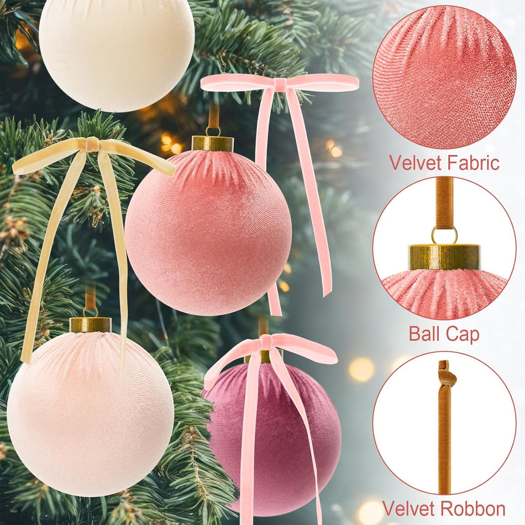 36 Pcs 4 Inch Velvet Christmas Ornaments Set with Bow, Pink