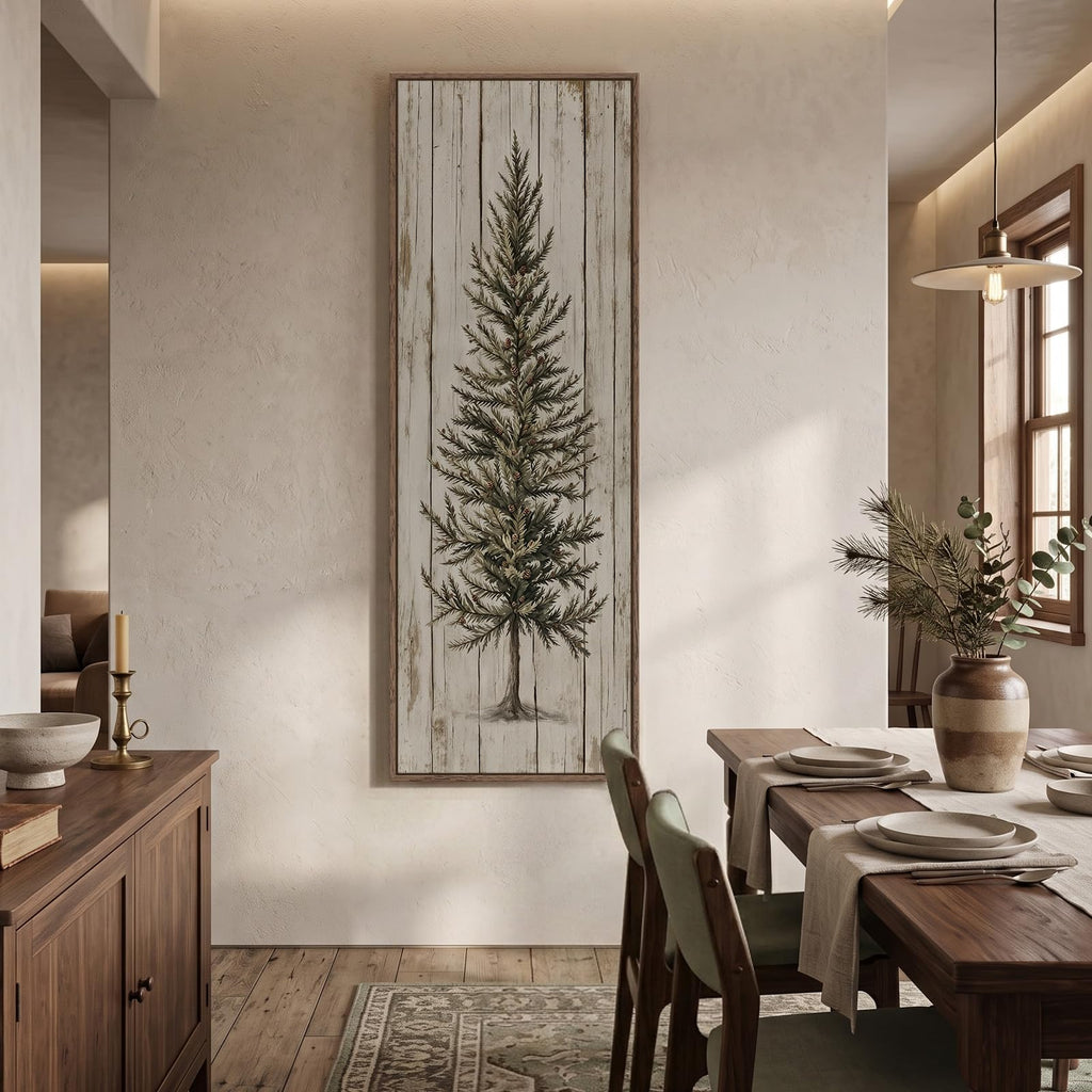 Framed Long Narrow Vintage Farmhouse Rustic Pine Tree Wall Art, 18x56 Inch