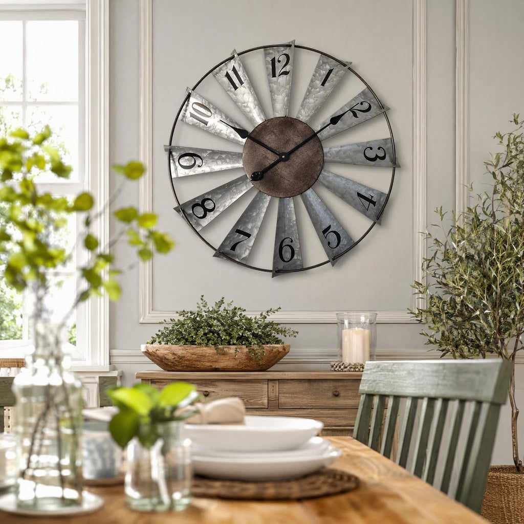 30" Large Metal Windmill Wall Clock, Rustic Distressed Clocks