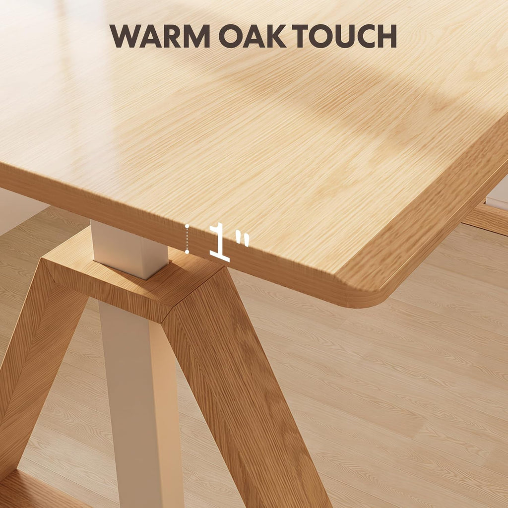 60 x 30 Inch Oak Executive Standing Desk, Natural | Japandi-Inspired Sit-Stand Desk, Architectural V-Frame Design