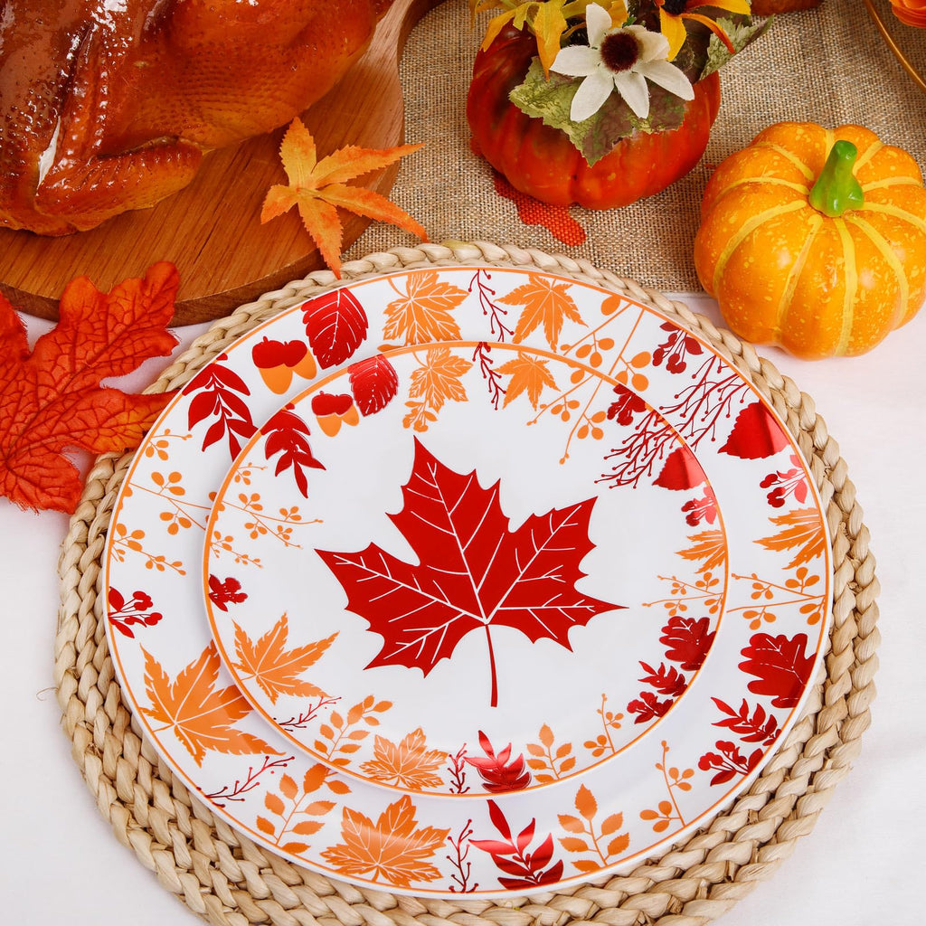 Thanksgiving Plastic Plates- Include 30 Dinner Plates, 30 Dessert Plate, 30 Forks, 30 Gold Spoons, 30 Gold