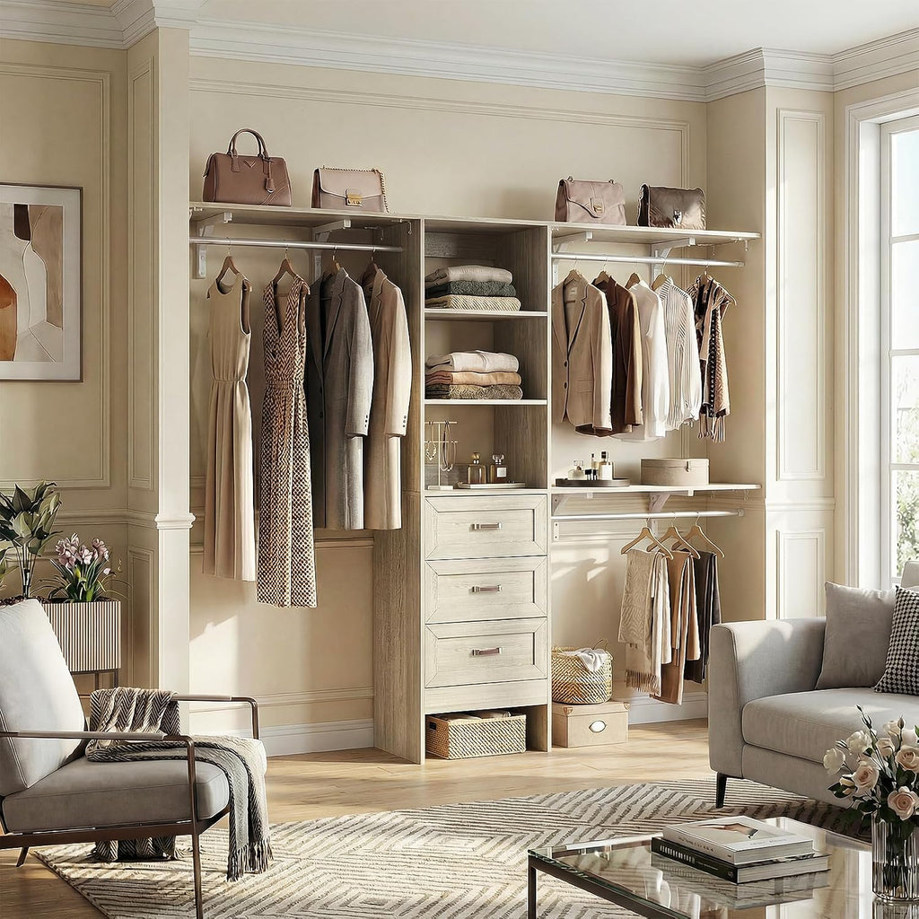 8FT Closet System with 3 Curved Drawers, 96'' Wooden Walk-in Closet Organizer with 3 Top Shelves, Adjustable