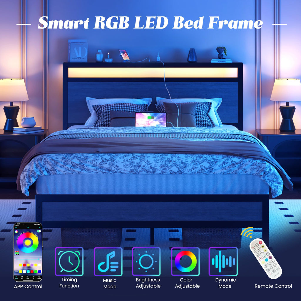 Bed Frame with Headboard & Footboard, Bed Frame with Built-in Charging Station & LED Light, Storage Shelf
