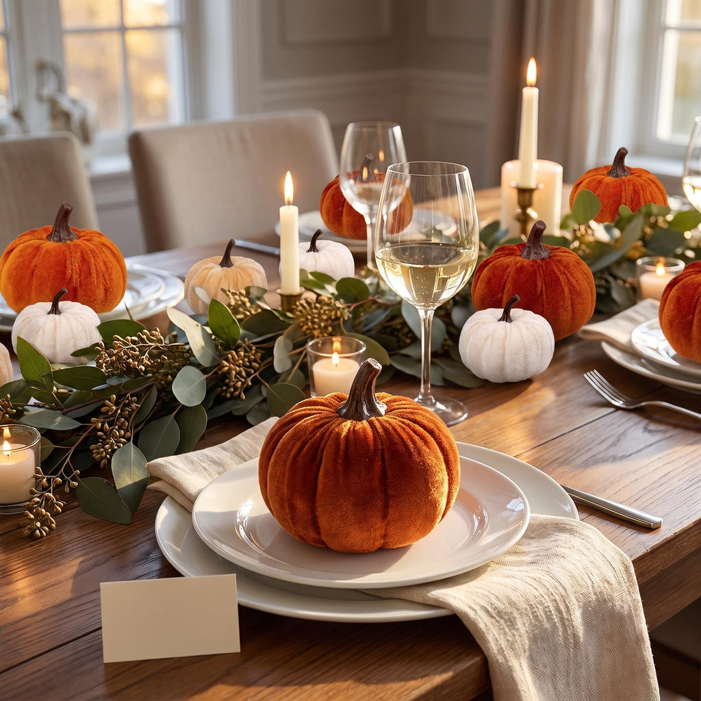 Velvet Pumpkins, 10-Piece Fall Decor, Beige Brown Orange