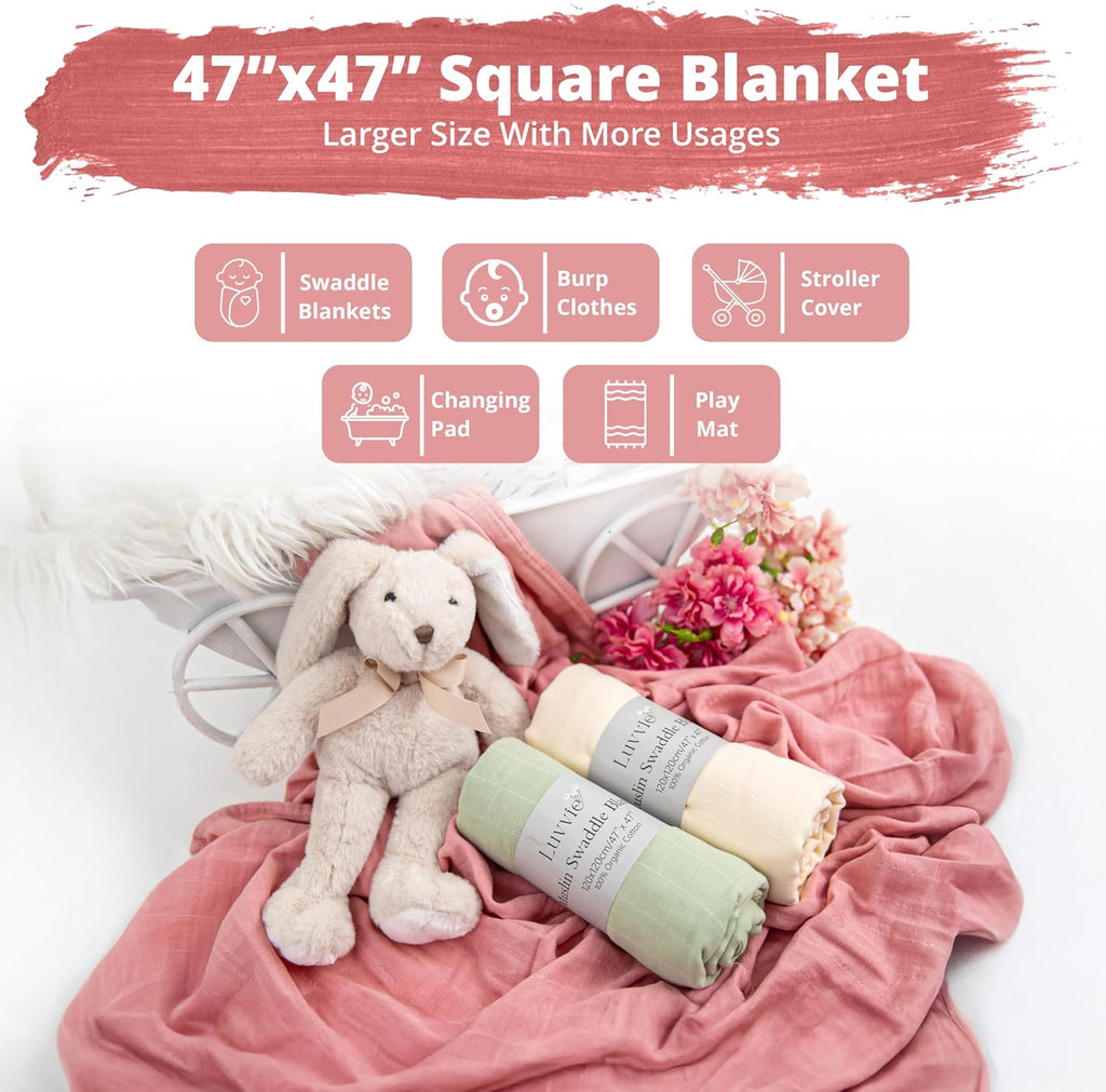 Muslin Swaddle Blankets, 100% Organic Cotton, Baby Wrap for Boys and Girls, Soft Breathable and Skin-Friendly