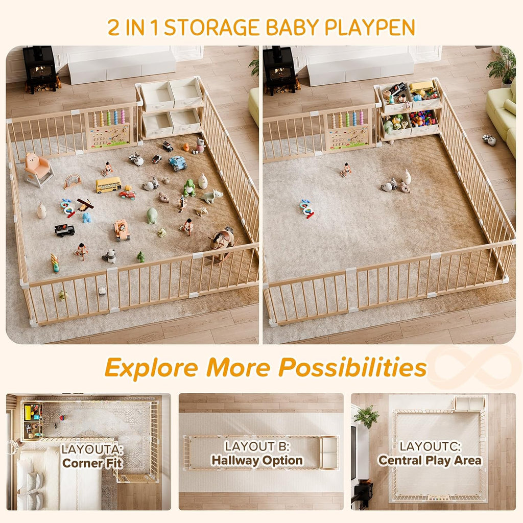 Large Wooden Baby Storage Playpen 9+3 Panels 70.86"×47.24" | Size Adjustable Play Yard for Babies and Toddlers, Baby