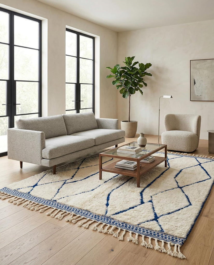 Beni Ourain Moroccan Rug, Cream Blue Diamond Lattice (5x7 ft)