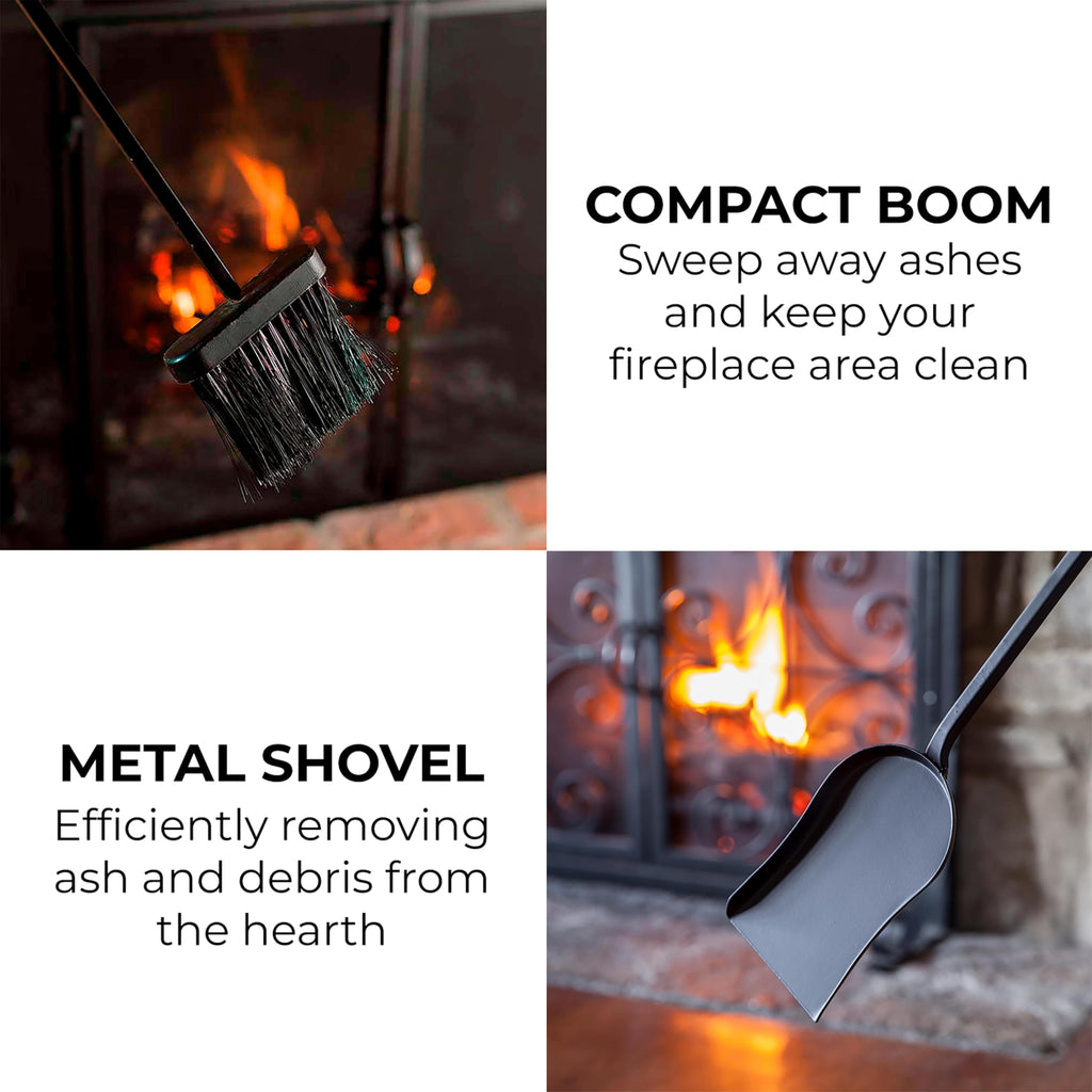 5 Piece Hand Forged Iron Compact Fireplace Tool Set 27.5" | Black Wrought Iron Handle for Outdoor Indoor | Stand