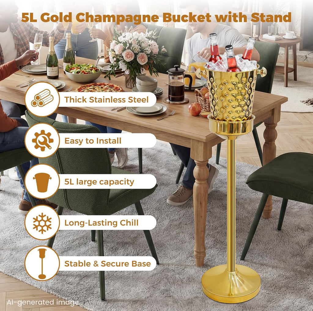Gold Champagne Bucket with Stand, 5L Ice Bucket Wine Chiller, Stainless Steel Wine Bucket for Wedding BBQ Party Home