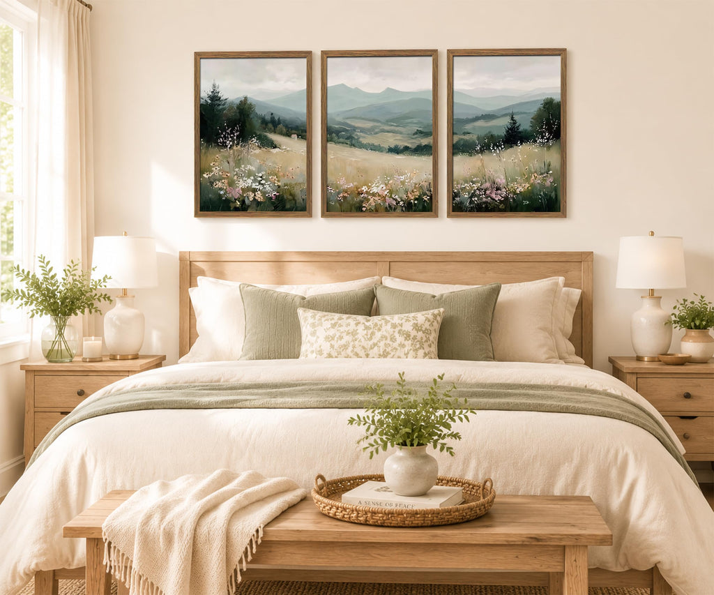Minimalist Mountain Triptych Wall Art Set of 3, Foggy Wildflower Canvas