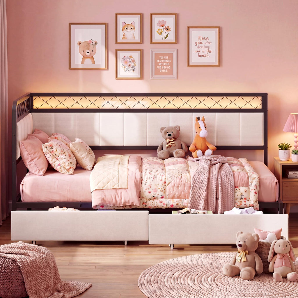 Twin Corner Bed Frame with 2 Storage Drawers, Daybed with LED Lights and Charging Station, Metal Platform Bed Frame
