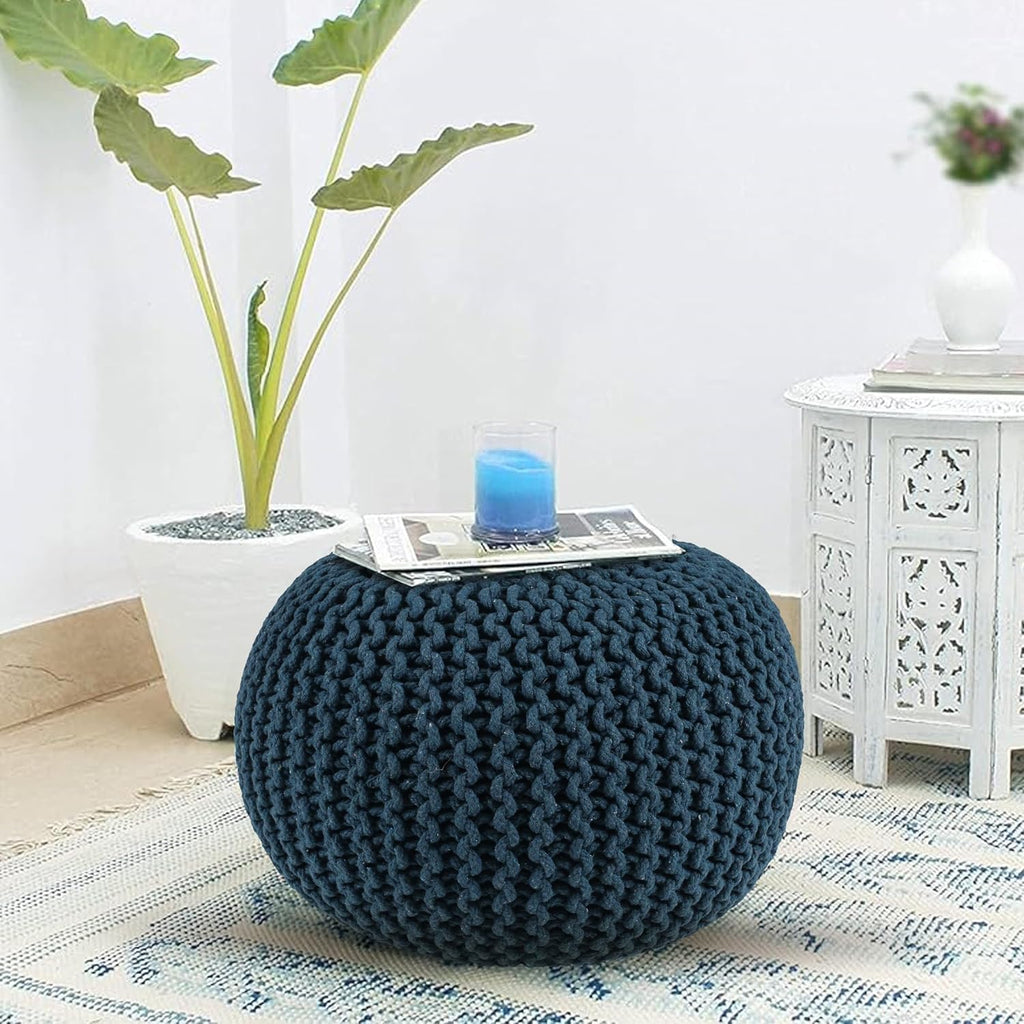 Knitted Pouf Ottoman Foot Rest - Round Poofy Ottoman Furniture - Stuffed Floor Poufs for Sitting, Elegant Poof