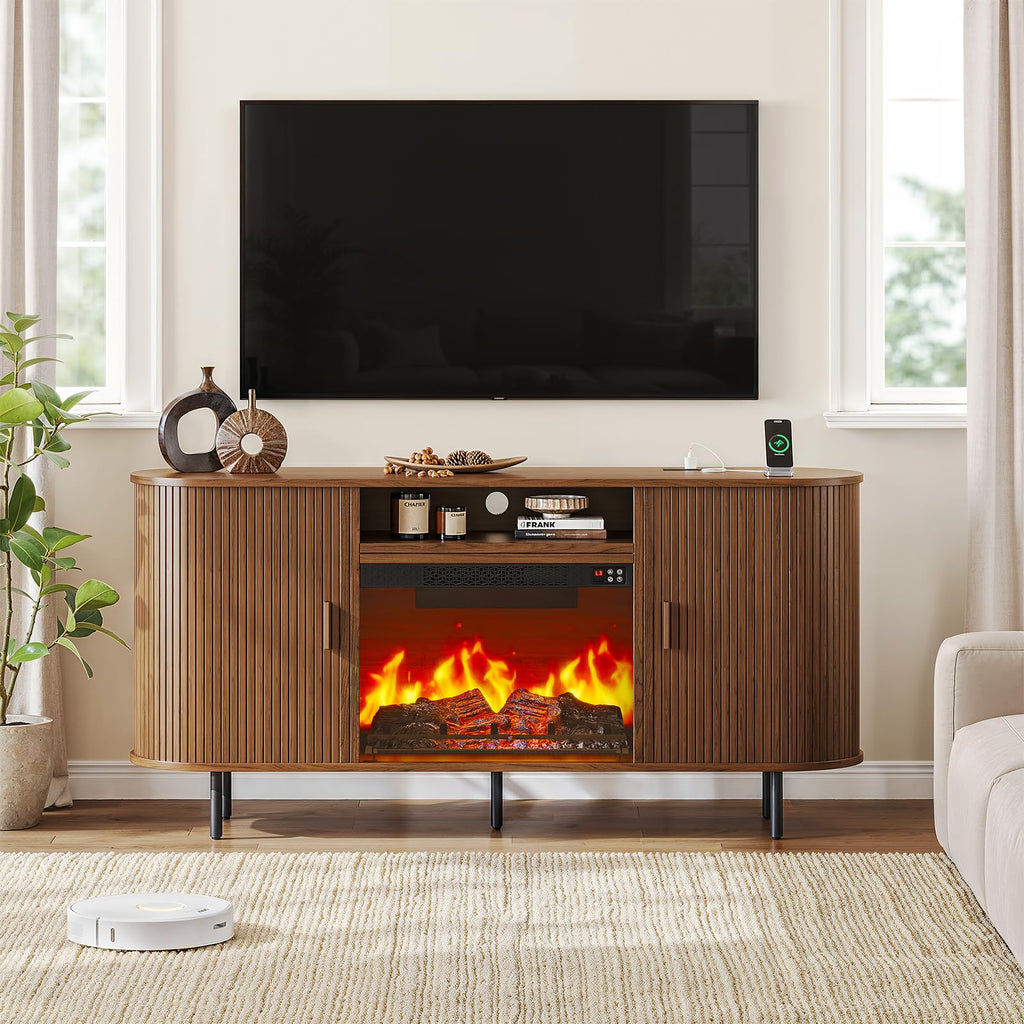 63" Fluted Fireplace TV Stand with Sliding Doors & Power Outlet