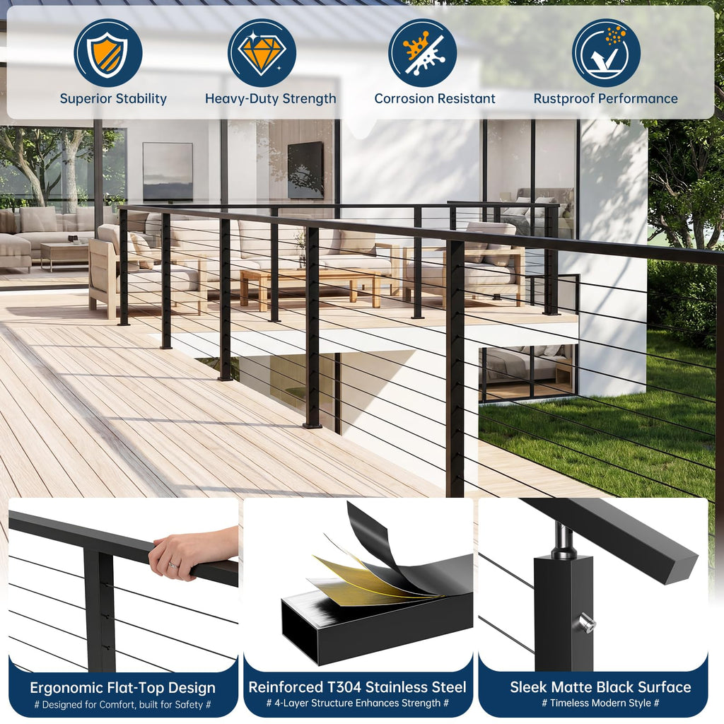 6'6" Stainless Steel T304 Handrail Black with Metal End Caps, 3 Pack Rectangular Cable Railing Handrail Flat Deck Top