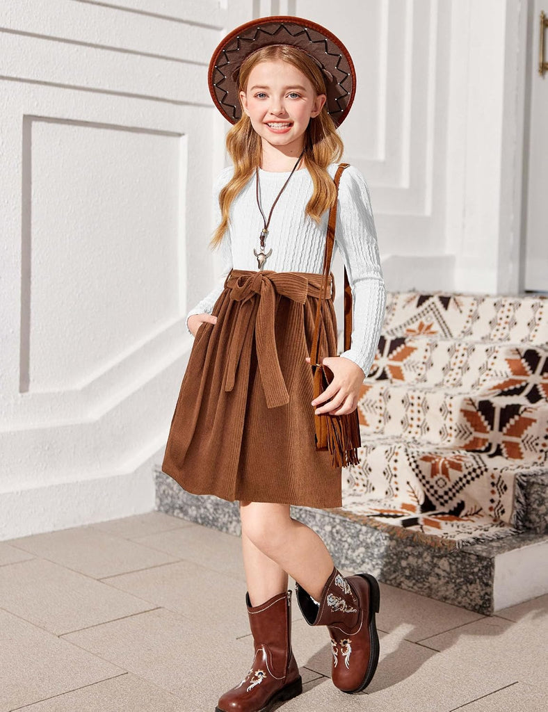 Girls Puff Long Sleeve Rib Knit Plaid Patchwork Dress with Pockets