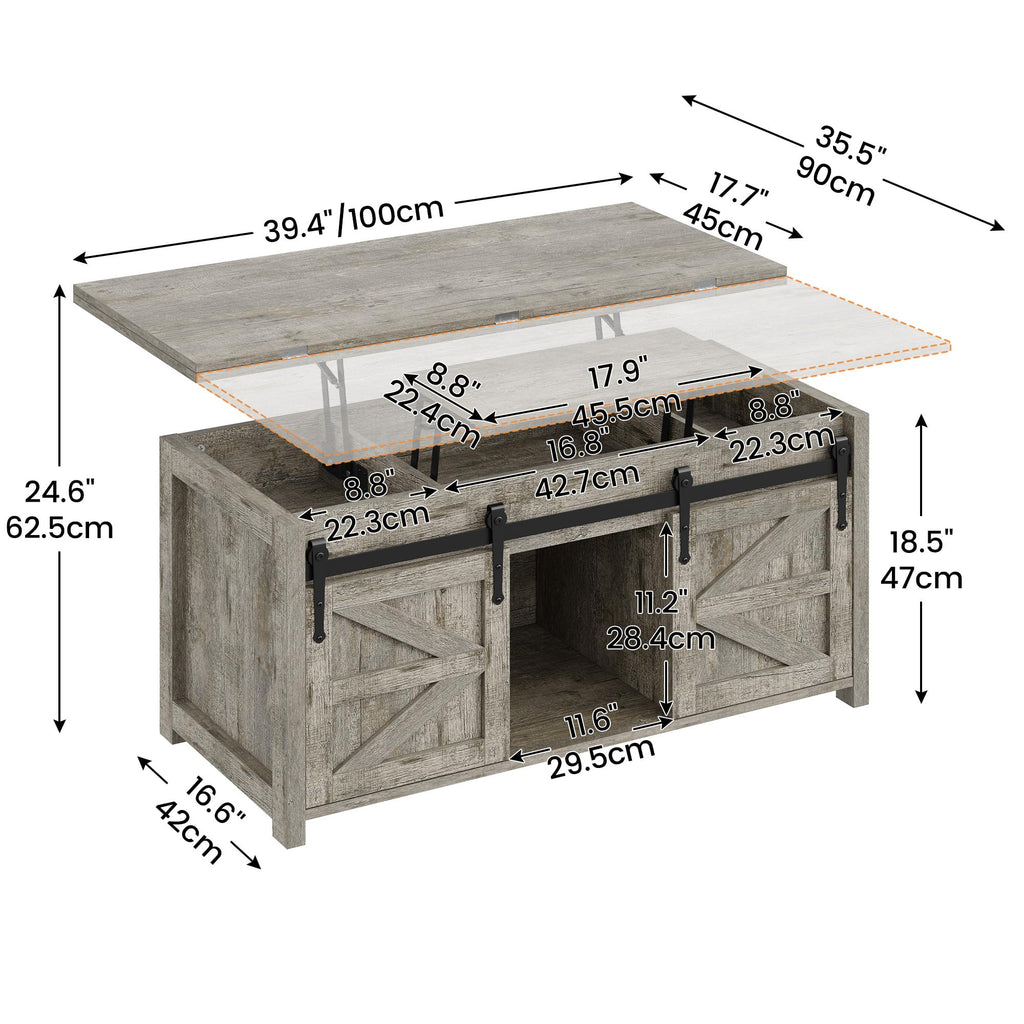 Lift Top Coffee Table with Storage, 4 in 1 Multi-Function Farmhouse Wood Coffee Table with Sliding Barn Doors, Center