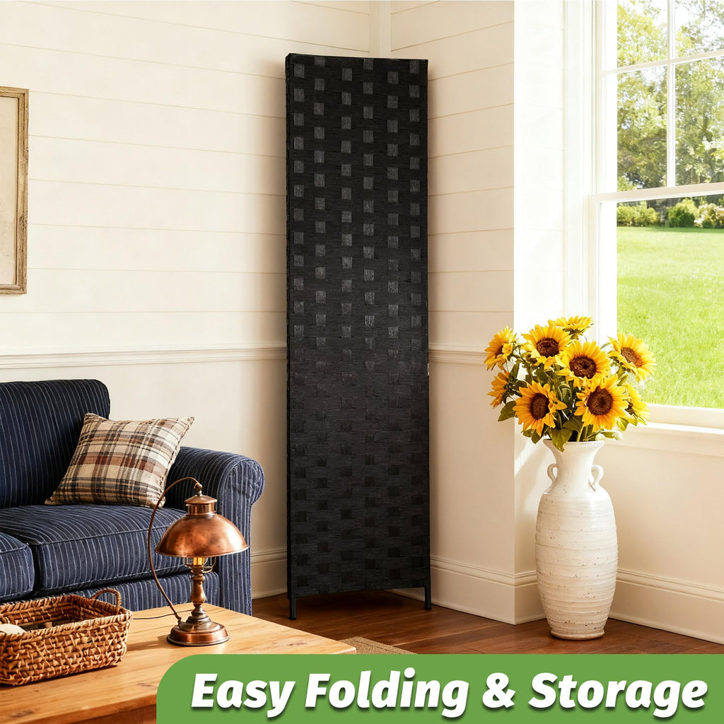 4-Panel Folding Room Divider | 6ft, Coal Black | Light & Portable