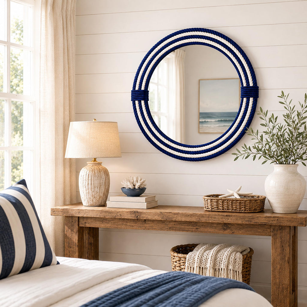 30" Navy Stripe Round Wall Mirror, Handwoven Cotton Rope Frame
