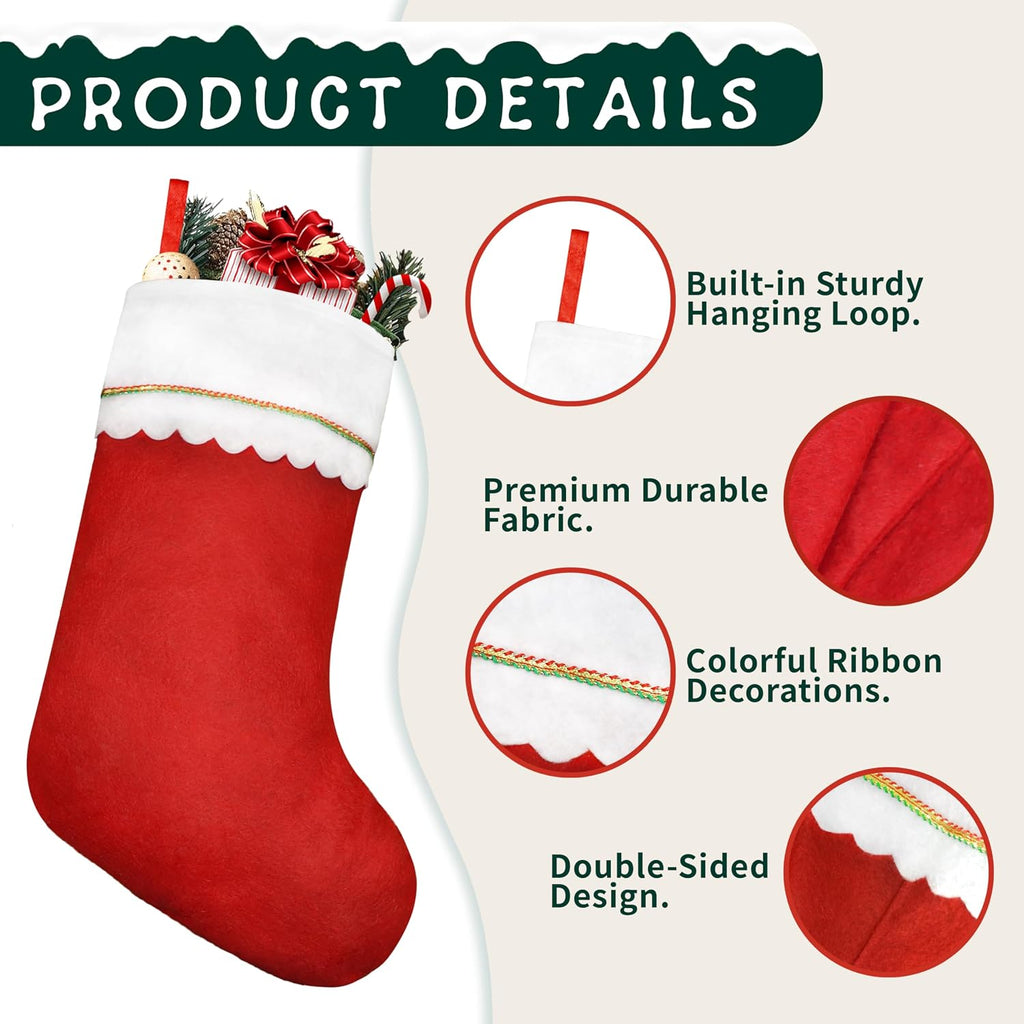 Christmas Stockings, 19" Red and White Christmas Stockings, Traditional Bulk Christmas Stockings with Gold Trim - Set of 12