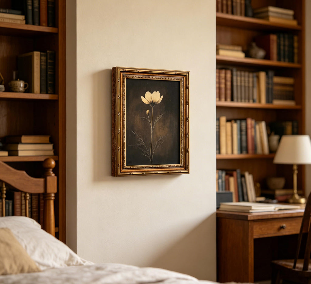 Vintage Gold Framed Dark Academia Flower Wall Art, Moody White Floral Canvas Print Poster, Retro Botanical Decor