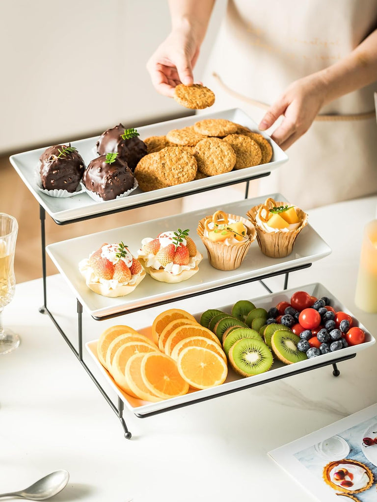 Tier Serving Stand Tiered Tray Stand with 3 Porcelain Serving Platters Trays for Dessert Server Display Collapsible - Set of 4