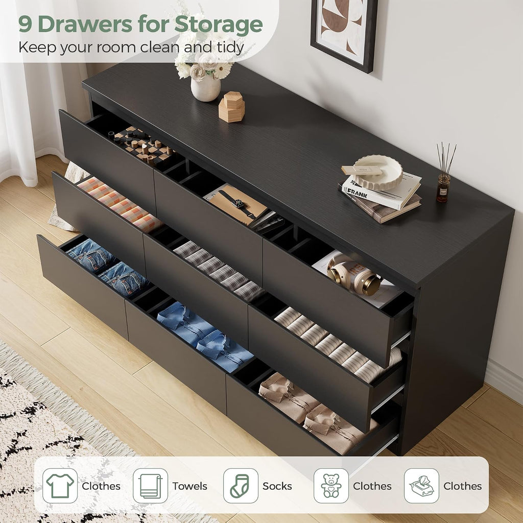 White 9 Drawer Dresser ,Modern Wood Dressers & Chest of Drawers with No-Handle Design, Long Dressers for Closet