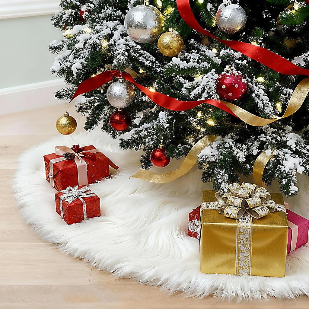 Christmas Tree Skirt 60 Inch White - Fluffy Faux Fur Christmas Tree Mat & Decoration for Indoor Outdoor Use