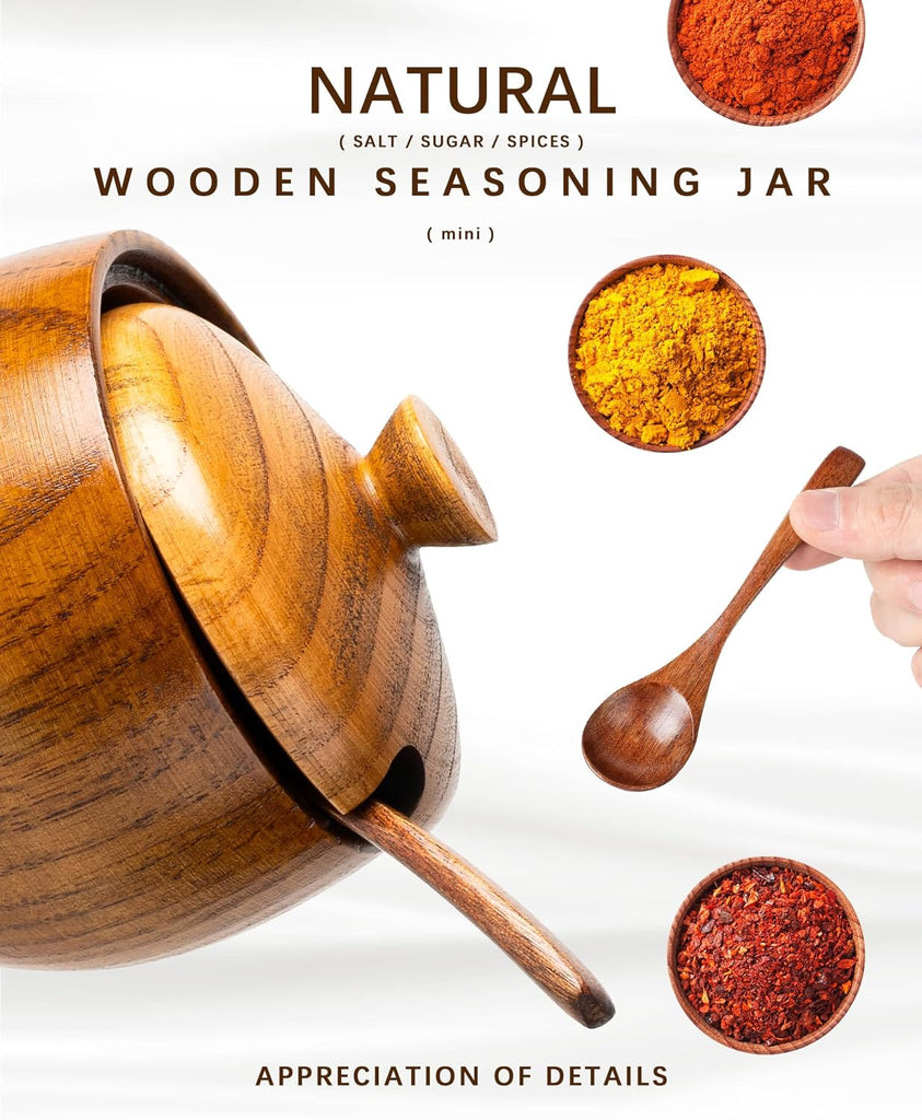 Jujube Wood Salt Cellar, 6 oz Box with Lid and Spoon, 3.3 Inch