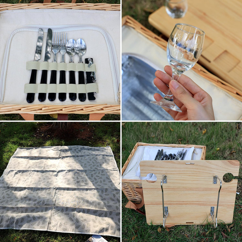 Wicker Picnic Basket for 2 with Mini Folding Wine Picnic Table & Large Insulated Cooler Bag & Cutlery Service Kits
