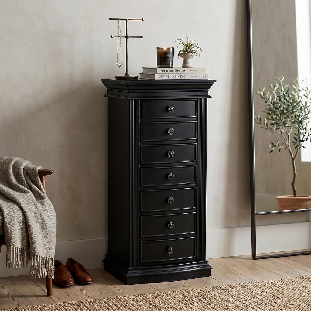 Luke Standing Jewelry Armoire - Large 7-Drawer Wooden Organizer with Mirror, Side Doors, and Anti-Tarnish Lining