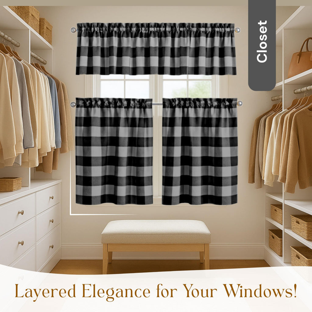 Buffalo Plaid Window Curtain Set, 3 Piece Cotton Tier and Valance, 2 Tiers 26x36 Inch and Valance 54x18 Inch, Rod